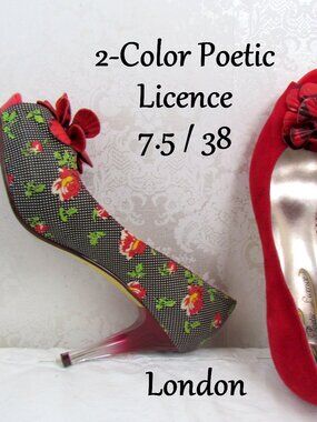 POETIC LICENCE 2-COLOR SHOES, 7.5, 38, RED HALF & FLOWERED HALF w SEE-THRU HEELS